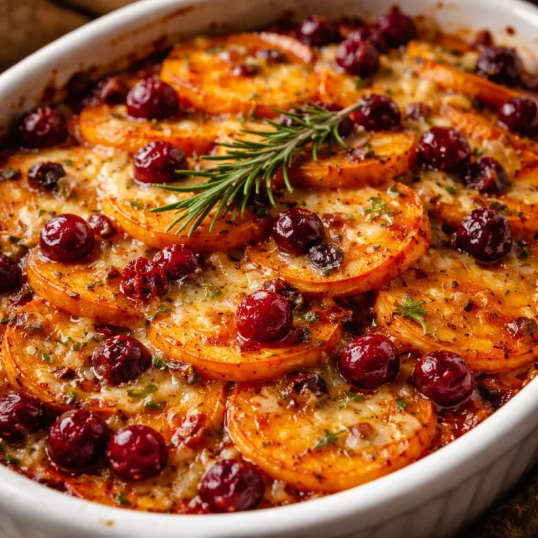 Sweet potato and cranberry gratin dish served in a stylish casserole