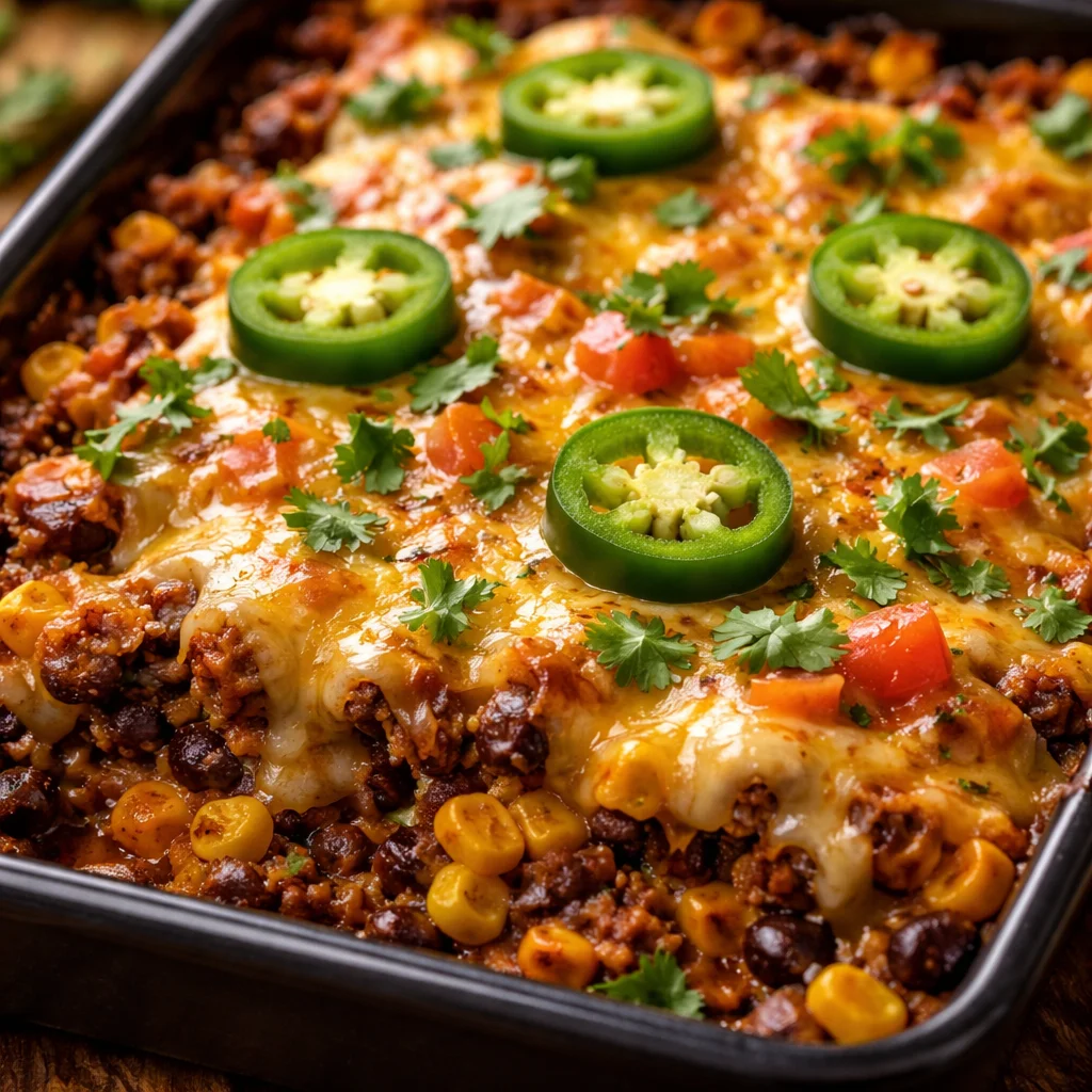 Delicious Taco Bake Casserole topped with cheese and garnished with cilantro