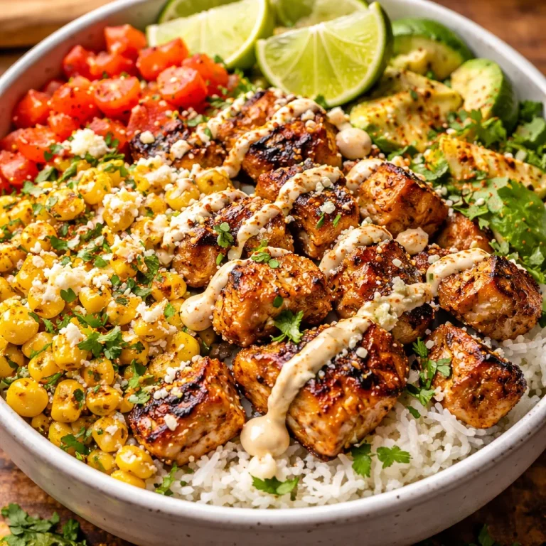 Delicious street corn chicken bowl garnished with toppings