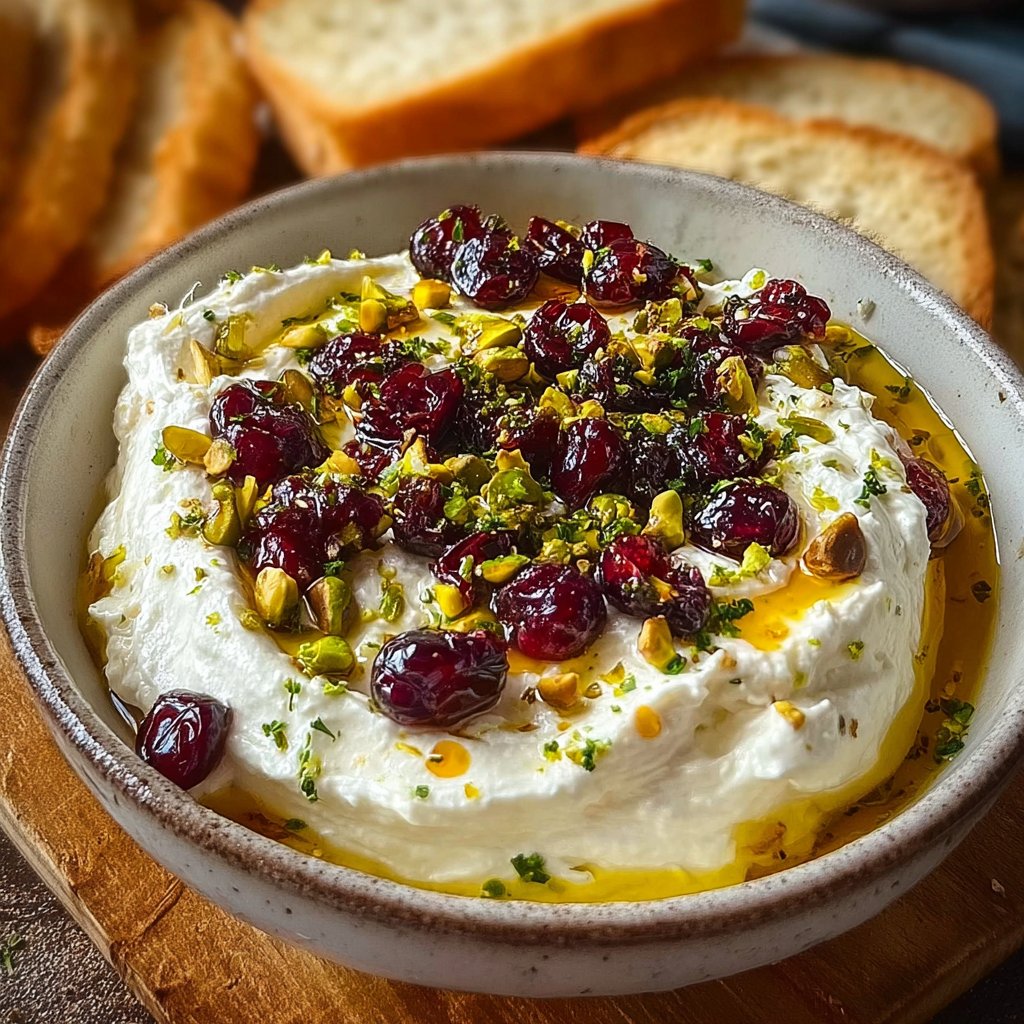 Creamy Whipped Feta Dip Topped with Honey Pistachios and Cranberries