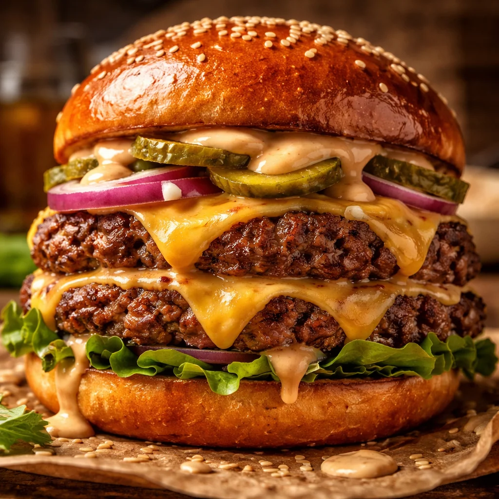 Juicy ultimate smash burger with toppings and a side of fries