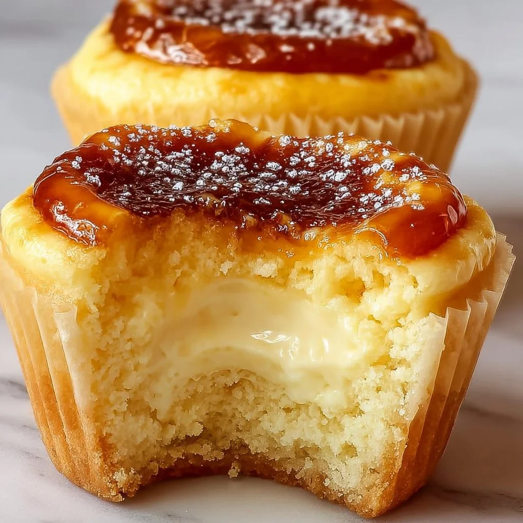 Vanilla Bean Crème Brûlée cheesecake cupcakes with a caramelized sugar topping