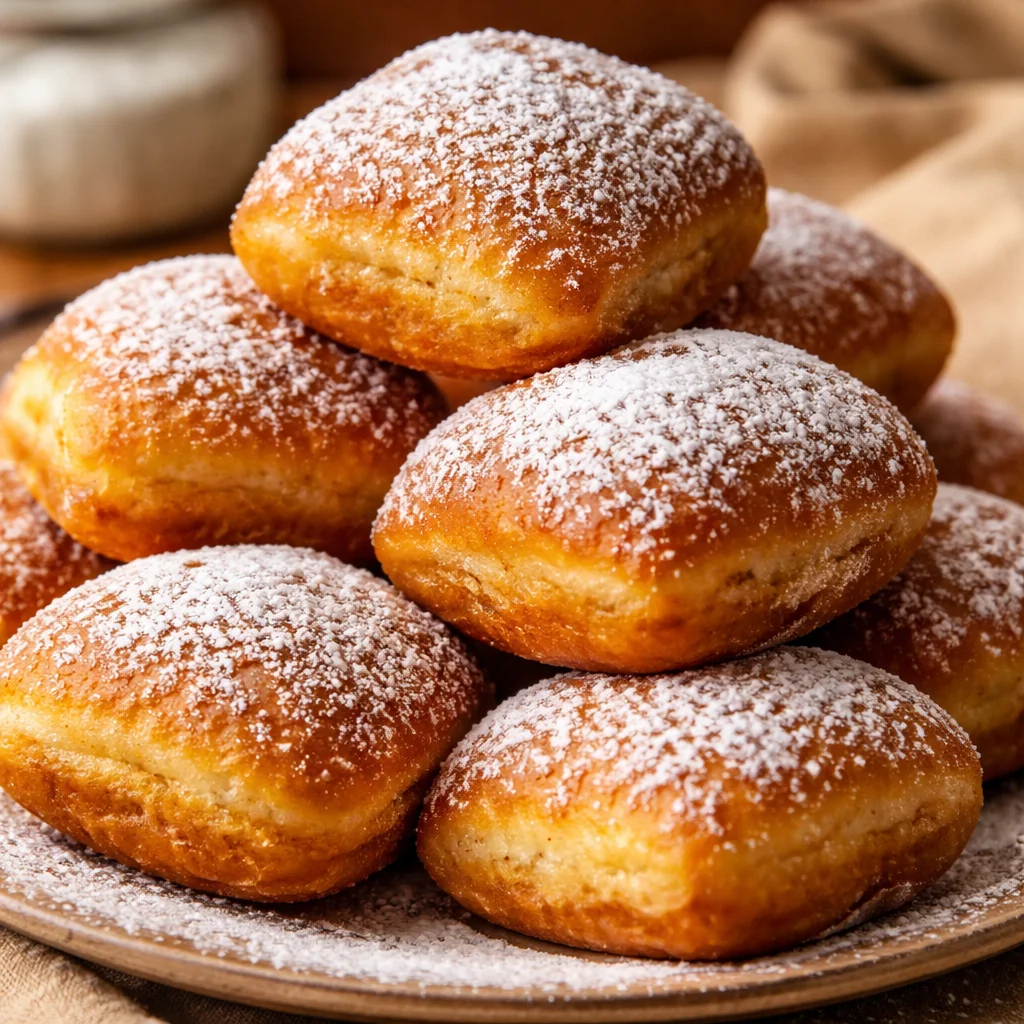 Delicious Vanilla French Beignets dusted with powdered sugar.