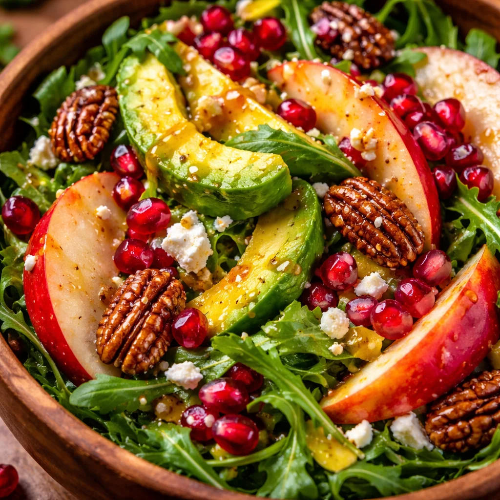 Winter Christmas Salad with Honey Mustard Dressing topped with seasonal ingredients