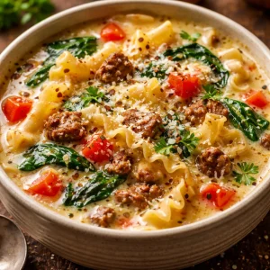 Bowl of creamy Alfredo lasagna soup with cheese and herbs on a cozy table.