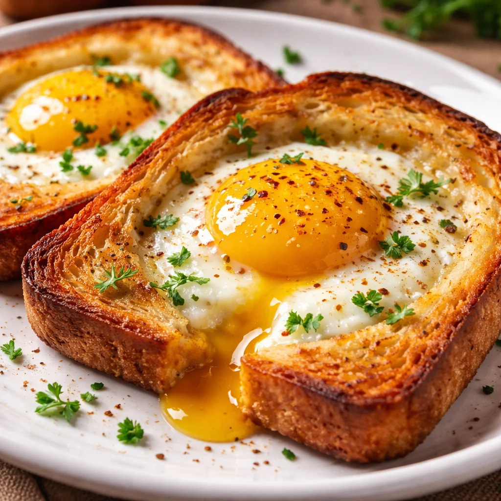 Delicious air fryer egg toast topped with herbs and served on a plate