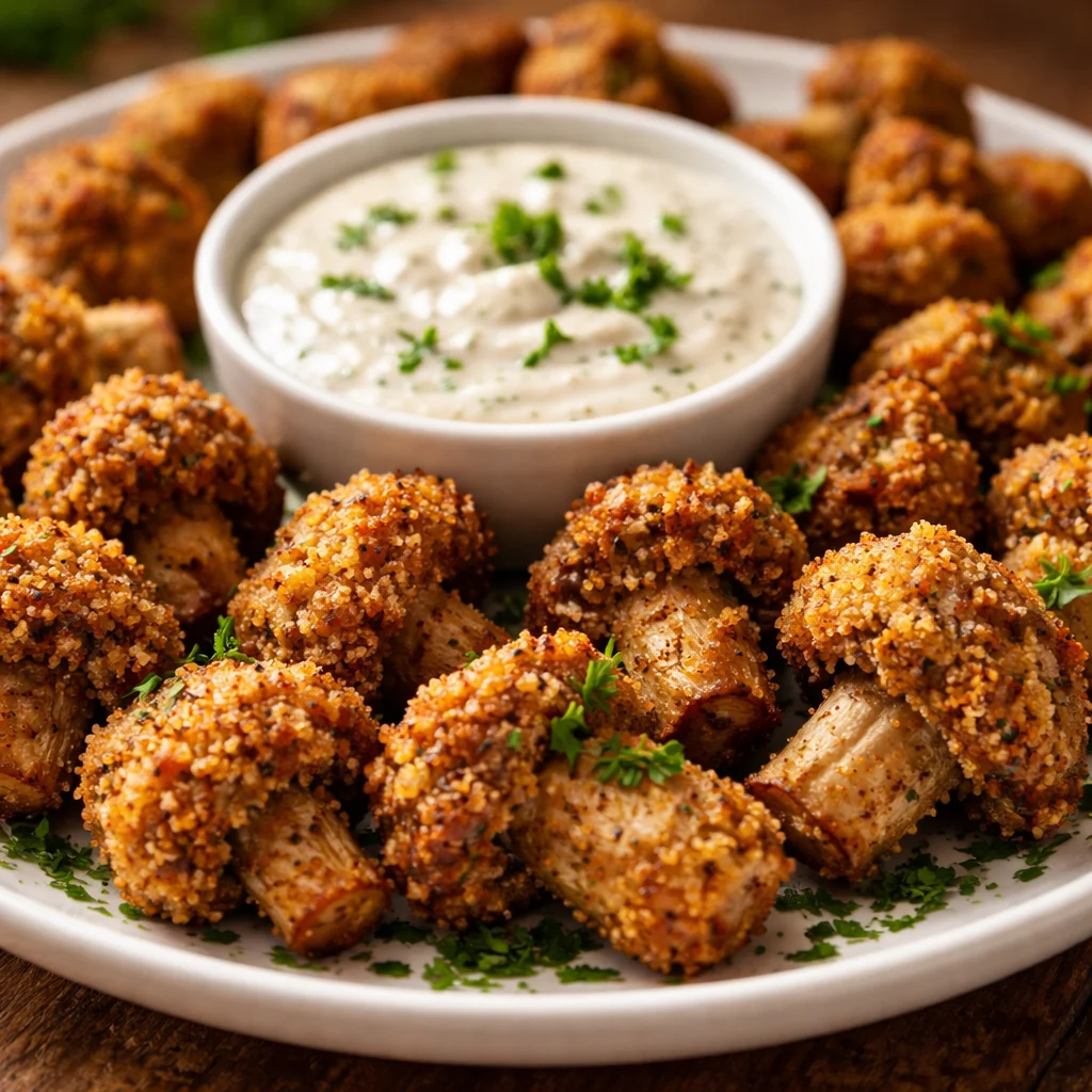 Crispy air fryer ranch mushrooms served in a bowl