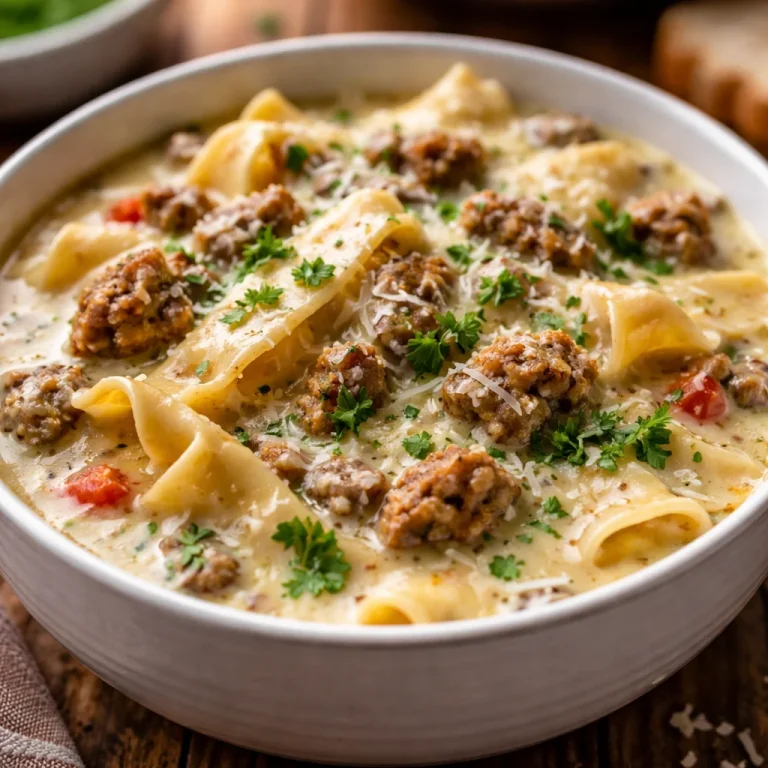 Bowl of creamy Alfredo lasagna soup topped with herbs and cheese