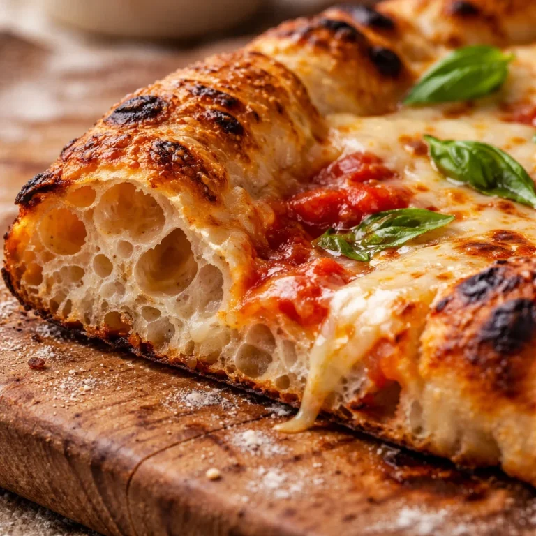 Artisan pizza dough recipe for a crispy, chewy crust with bubbles.