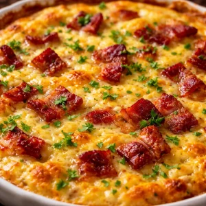 Bacon and cheese crustless quiche served on a plate