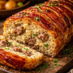 Bacon and Sausage-Stuffed Potato Loaf topped with herbs and spices.