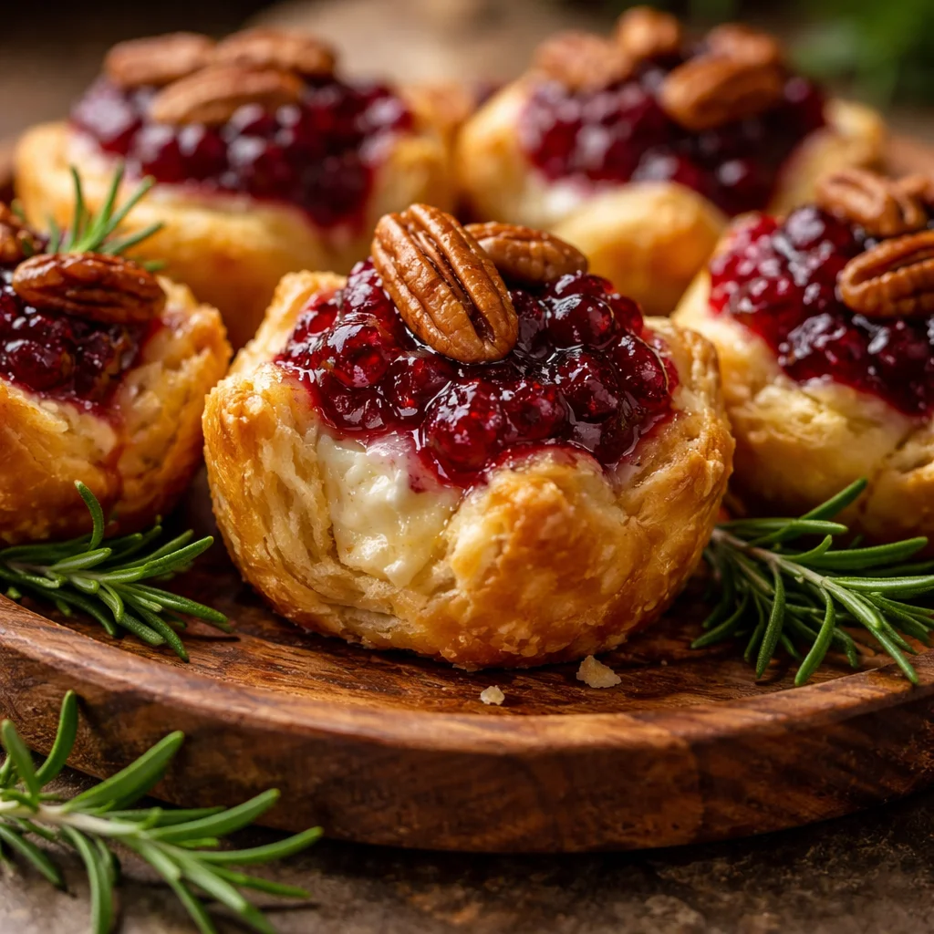 Baked Cranberry Brie Bites topped with cranberry sauce