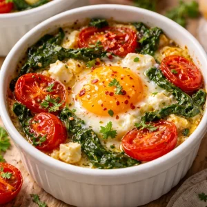 Baked feta eggs served with tomatoes and spinach in a ceramic dish