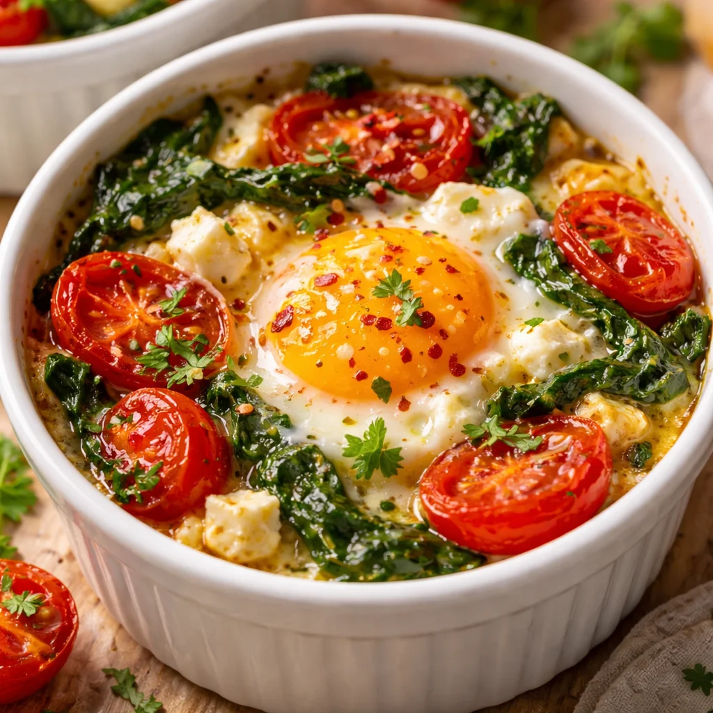 Baked feta eggs served with tomatoes and spinach in a ceramic dish