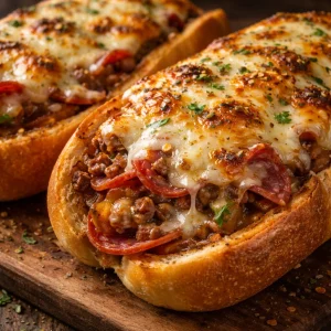 Delicious baked Italian sub sandwiches with meats and cheeses