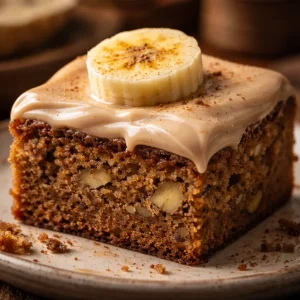 Delicious banana bread brownies topped with chocolate drizzle