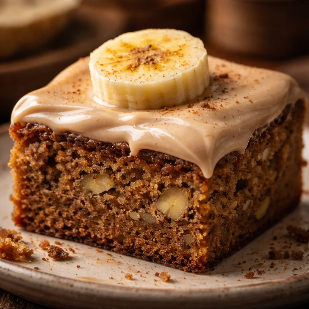 Delicious banana bread brownies topped with chocolate drizzle