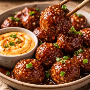 Delicious BBQ meatballs served with a spicy mayo dip on a platter.