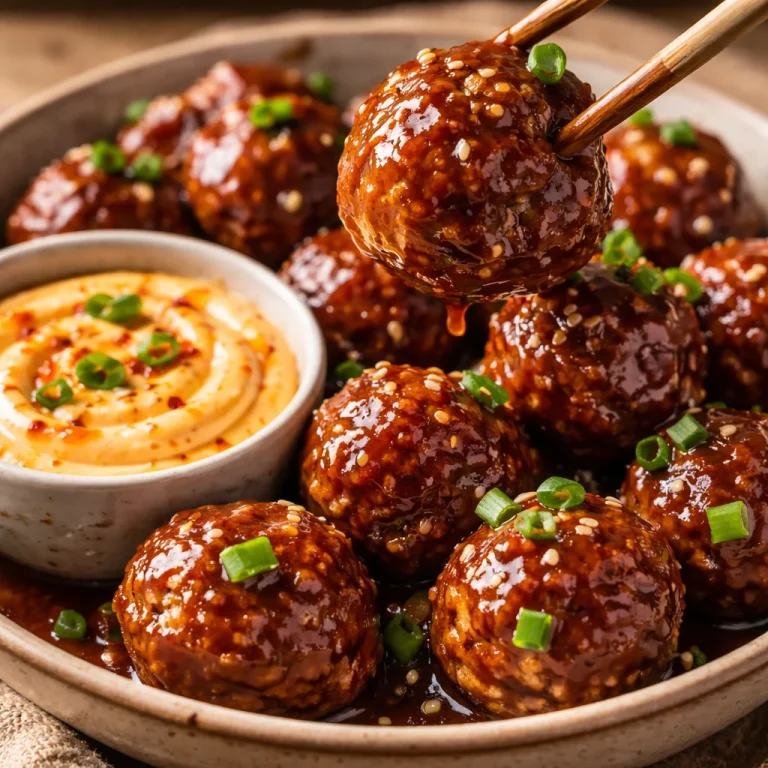 Delicious BBQ meatballs served with a spicy mayo dip on a platter.