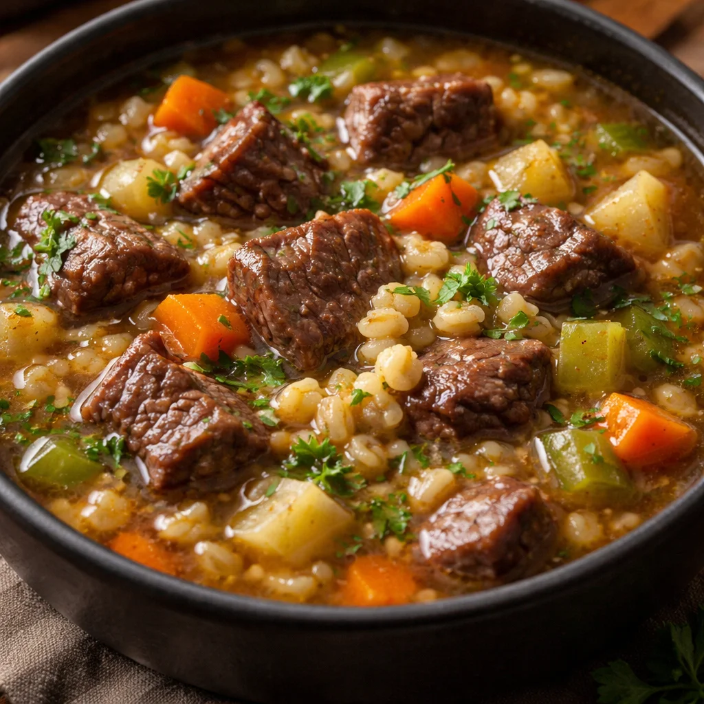 Bowl of hearty Beef Barley Soup with vegetables and barley