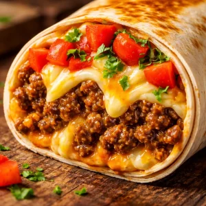 Delicious Beefy Melt Burritos with cheese and ground beef wrapped in a warm tortilla.