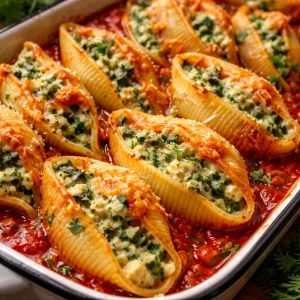 Delicious Christmas Stuffed Shells filled with cheese and herbs, served in festive dish