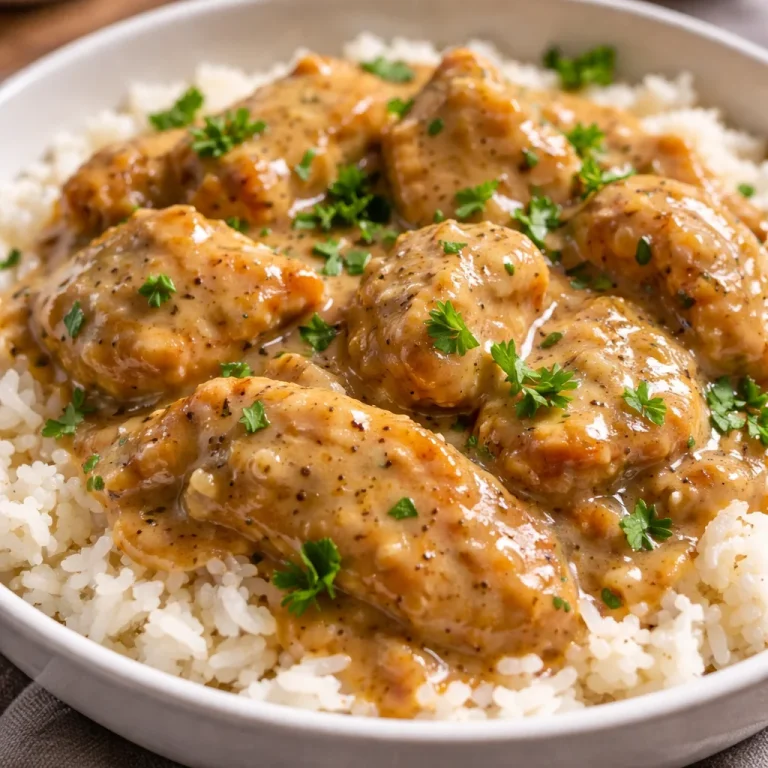 Delicious smothered chicken served with rice in savory gravy
