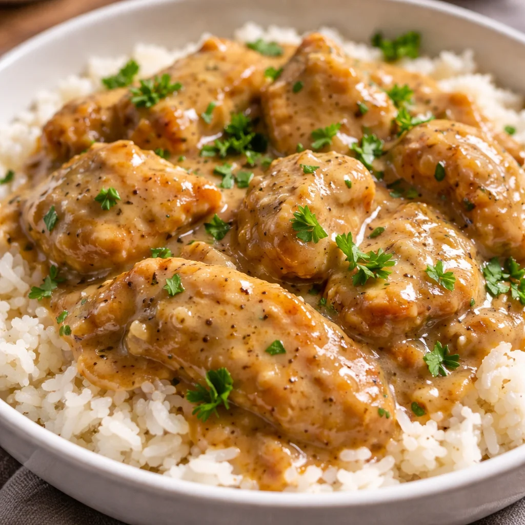 Delicious smothered chicken served with rice in savory gravy