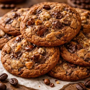 A plate of brown butter coffee toffee cookies with a rich, golden brown color.