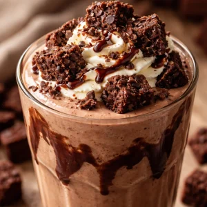 Brownie batter milkshake topped with whipped cream and chocolate drizzle