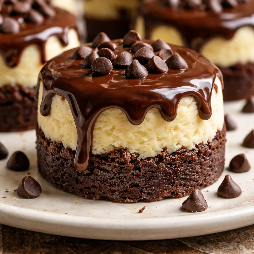 Brownie Bottom Mini Cheesecakes topped with rich chocolate and creamy filling.
