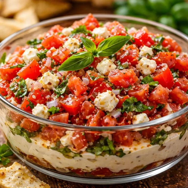 Delicious bruschetta dip served in a bowl with fresh ingredients for an appetizing display.