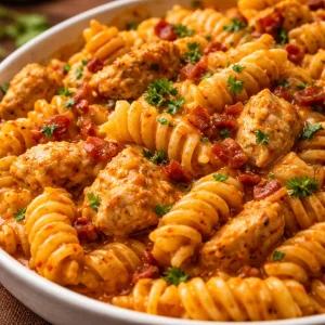 A delicious serving of Cajun Cream Cheese Chicken Pasta Bake topped with herbs