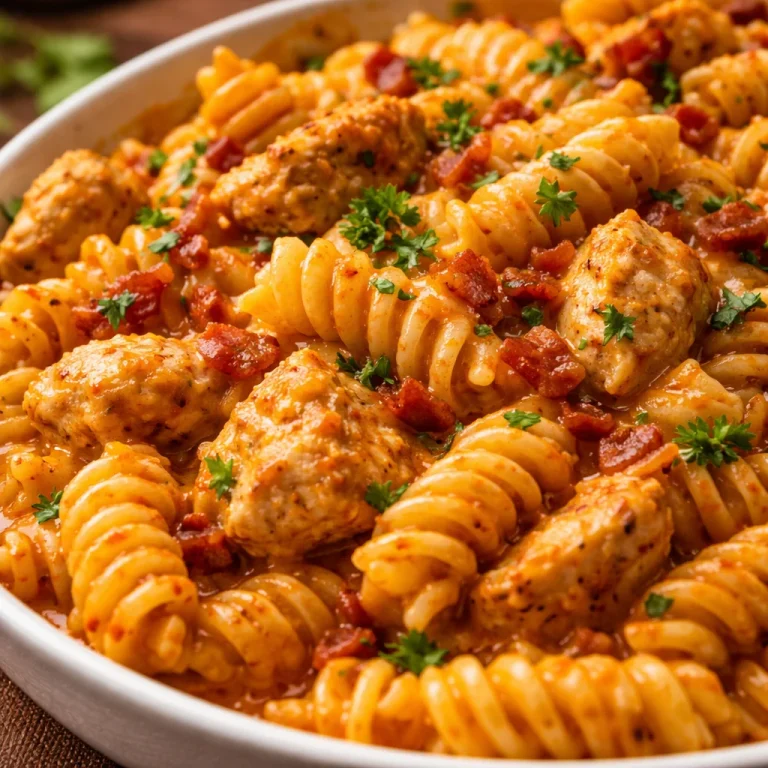 A delicious serving of Cajun Cream Cheese Chicken Pasta Bake topped with herbs
