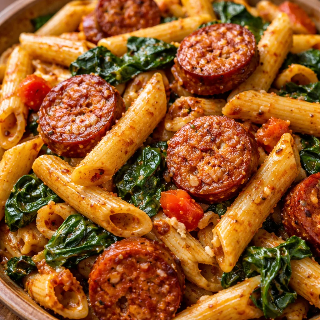 Delicious Cajun Sausage Pasta served in a bowl with fresh herbs.