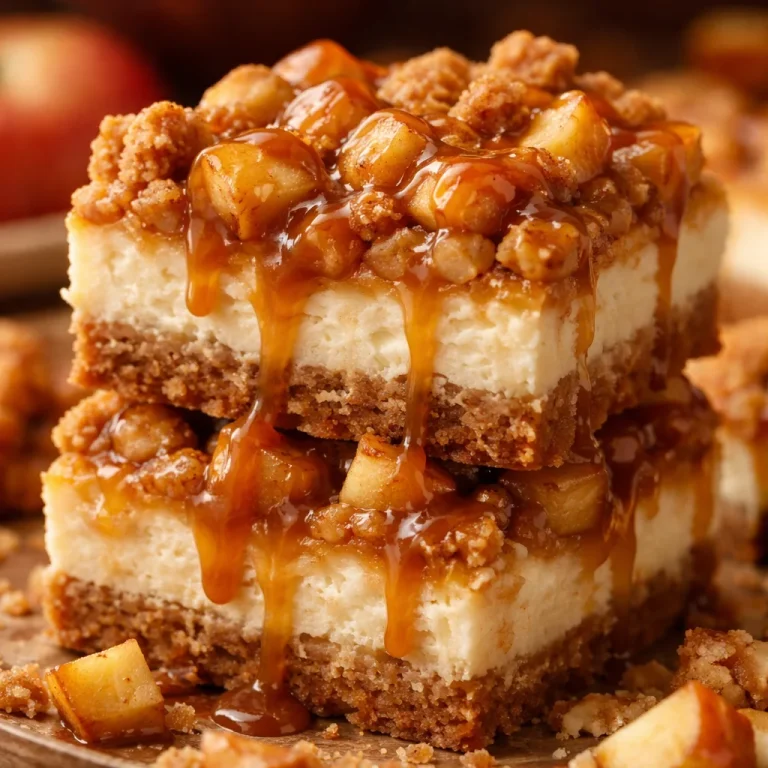 Delicious caramel apple cheesecake bars topped with caramel and apple slices.