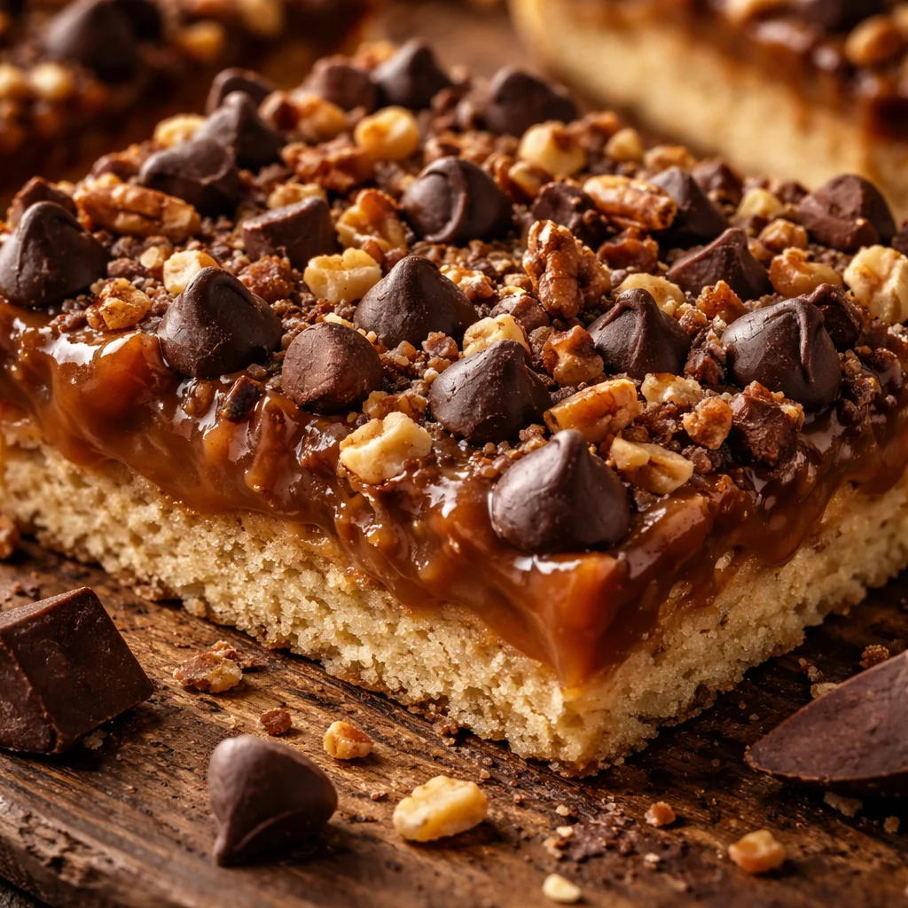 Homemade Caramel Chocolate Crunch Bars with chocolate and caramel drizzle