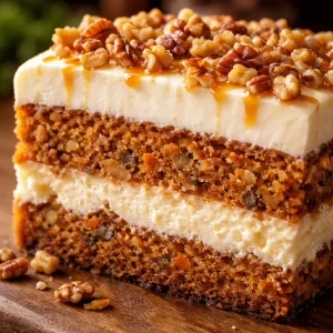 Delicious Carrot Cake Cheesecake topped with cream cheese frosting and walnuts