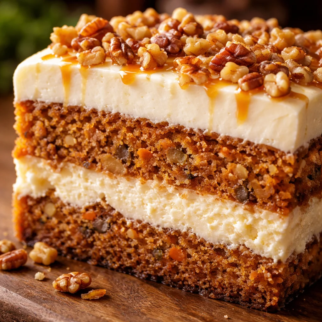 Delicious Carrot Cake Cheesecake topped with cream cheese frosting and walnuts
