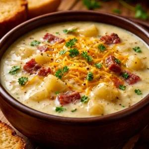 Delicious Cheddar Garlic Herb Potato Soup served in a bowl