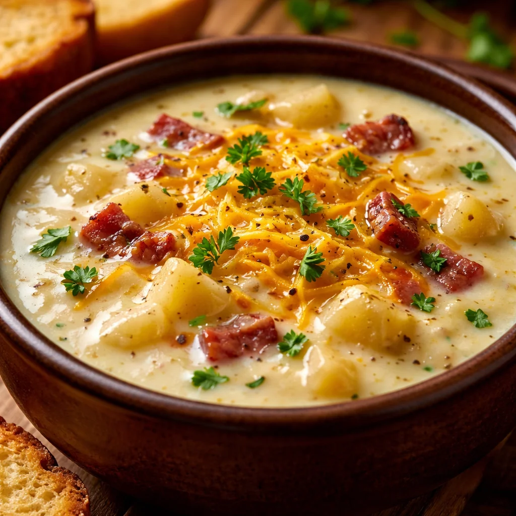 Delicious Cheddar Garlic Herb Potato Soup served in a bowl