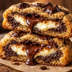 Cheesecake stuffed chocolate chip cookies with creamy filling