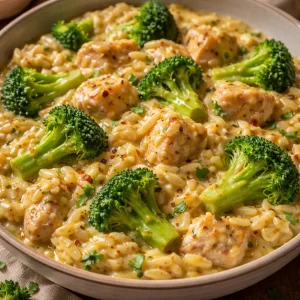 Delicious bowl of Cheesy Chicken Broccoli Orzo with creamy sauce and fresh broccoli