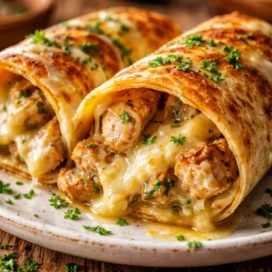 Cheesy garlic chicken wraps filled with flavorful chicken and melted cheese.