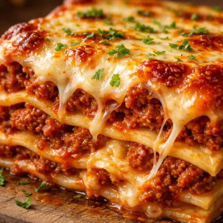 Delicious cheesy lasagna with layers of cheese and hearty meat sauce