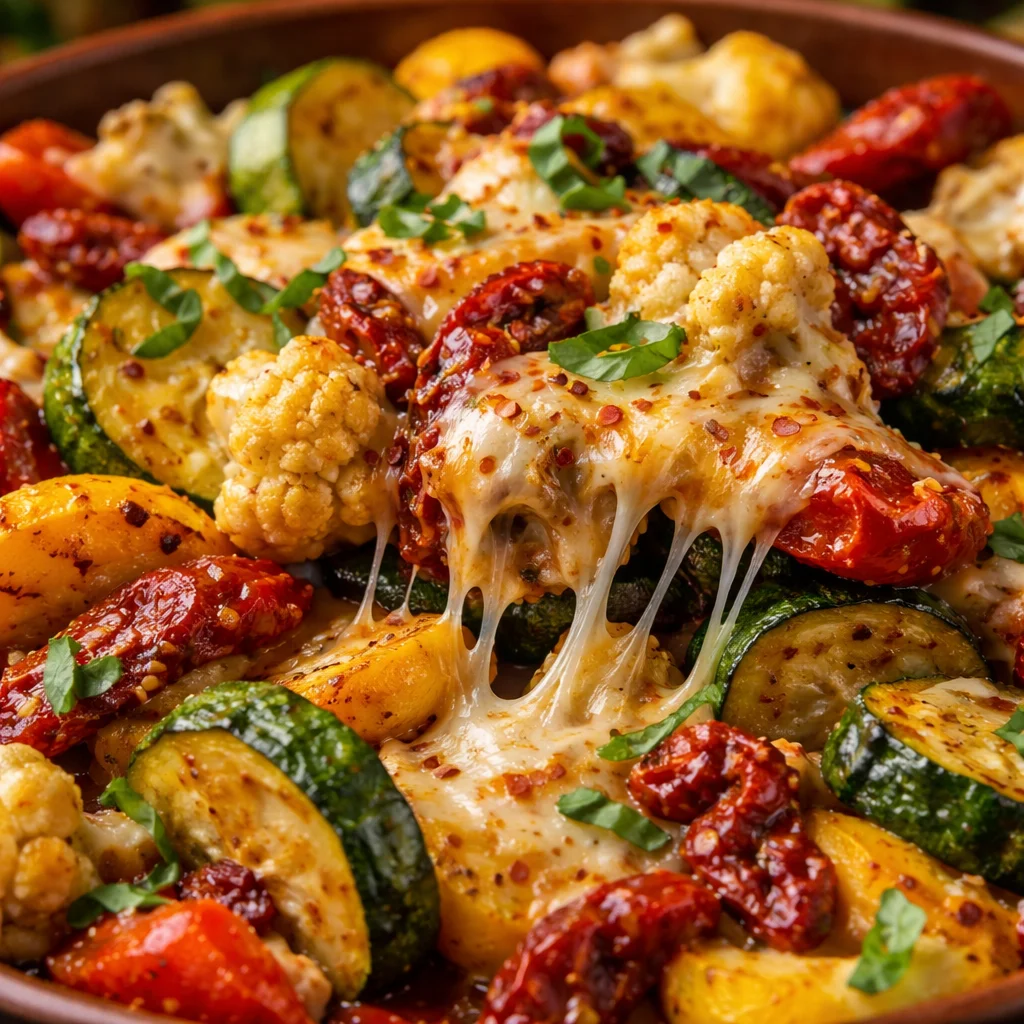 Cheesy Marry Me roasted vegetable medley garnished with herbs.