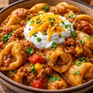 Cheesy taco tortellini dish in a bowl with toppings