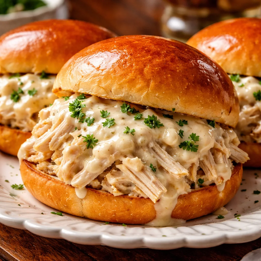 Delicious Chicken Alfredo Sloppy Joes topped with creamy sauce and cheese