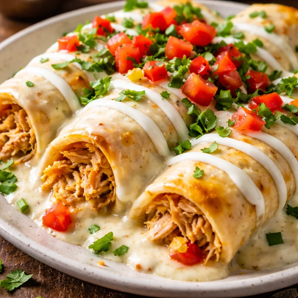 Plate of Chicken Enchiladas topped with sour cream white sauce and garnished.
