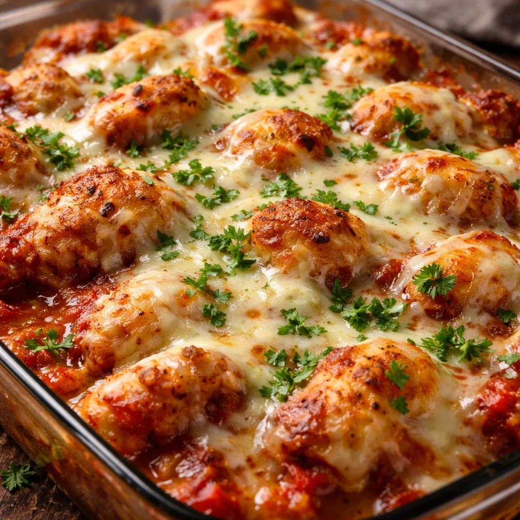 Chicken Parmesan Casserole baked dish with cheese and pasta